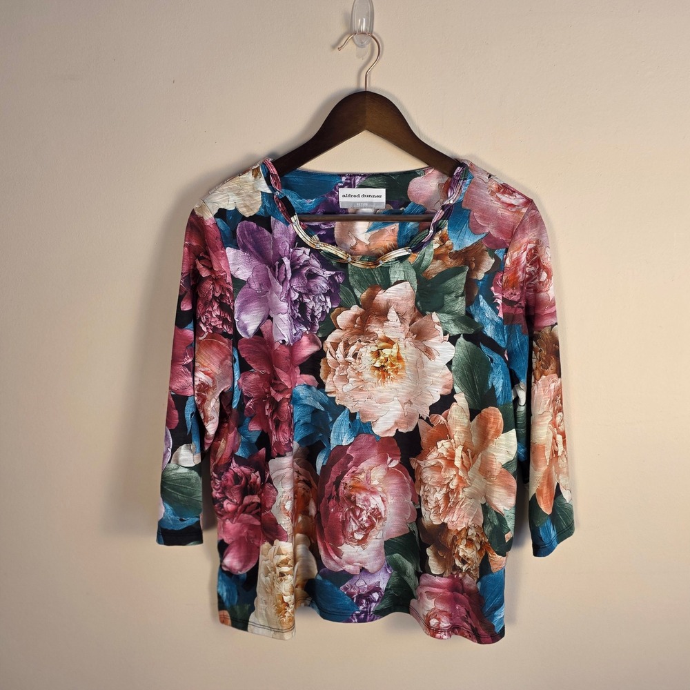 Alfred Dunner Top Women Petite L Multicolor Floral Peony Rhinestone Braided Neck